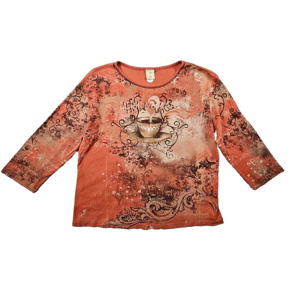 Jess & Jane Hot Coffee Graphic Top Womens XL Orange Earthcore Mineral Wash Artsy